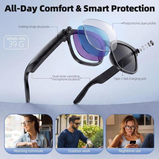 Autrucker Gafas Inteligentes Cámara 4K IA Altavoces Fotocromáticas Negras