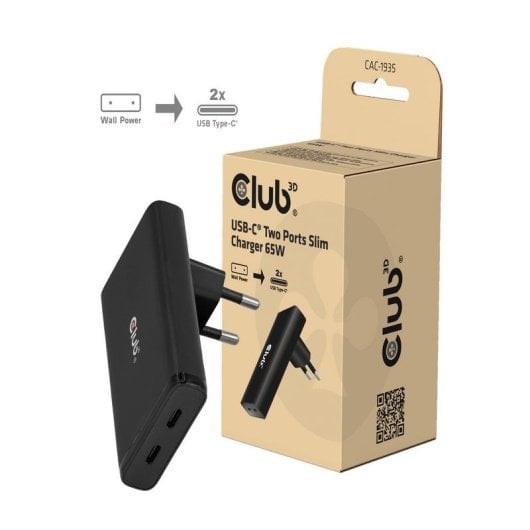 Cargador USB-C GaN 65W Club 3D CAC-1935 Dos Puertos PD3.1 PPS