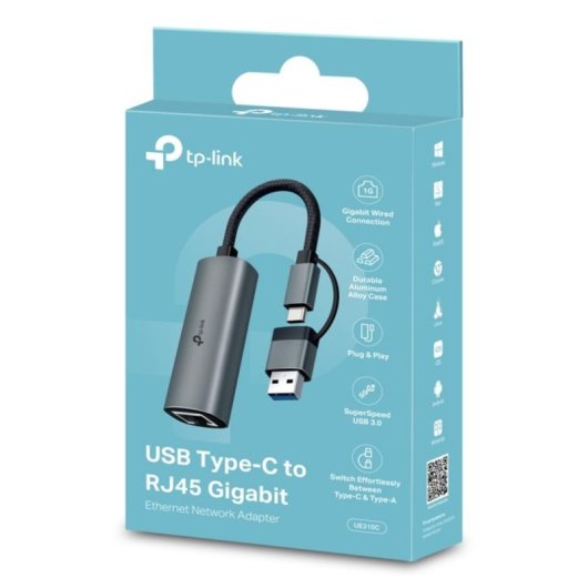 Carte Réseau TP-Link UE310C USB Type-A/Type-C Gigabit 1000 Mbit/s Gris