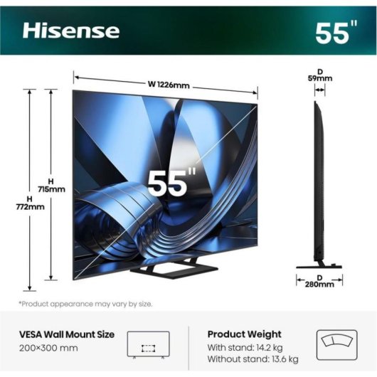 TV Hisense Mini LED 55U7SE 55" 4K UltraHD 144Hz Smart TV VIDAA HDR10 Dolby Vision