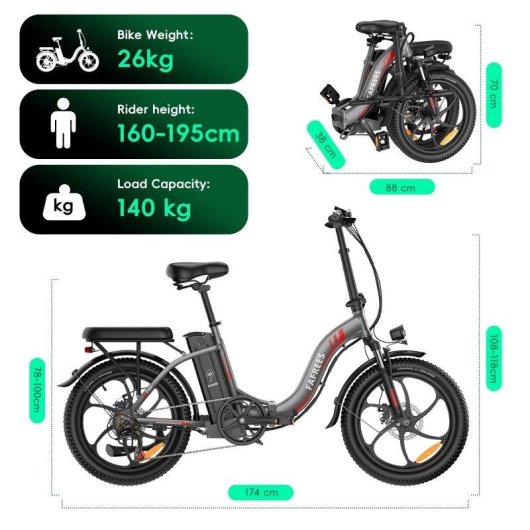 Bicicleta eletrica Fafrees F20 250W, bateria 36V 18Ah, pneus fat 20 polegadas