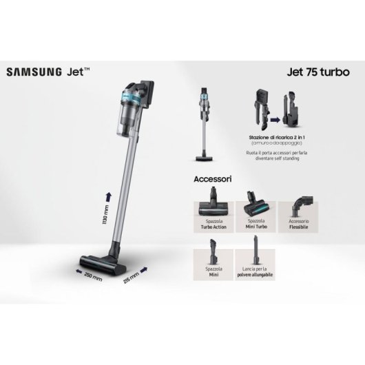 Aspirateur sans Fil Samsung Jet 75 Turbo 550W 60 min HEPA Multicyclonique Noir
