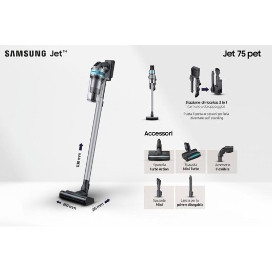 Aspirateur sans Fil Samsung Jet 75 Pet 550W 60 min Brosse Mini Turbo Menthe Argent