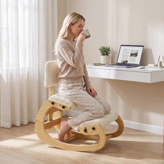 Silla ergonómica de rodillas Homcom pana crema madera abedul