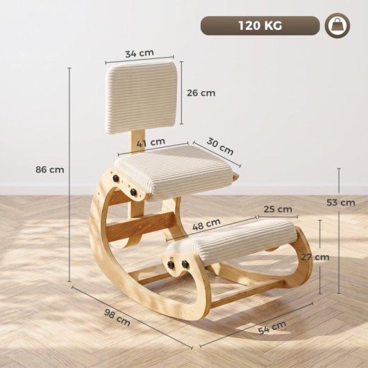 Silla ergonómica de rodillas Homcom pana crema madera abedul