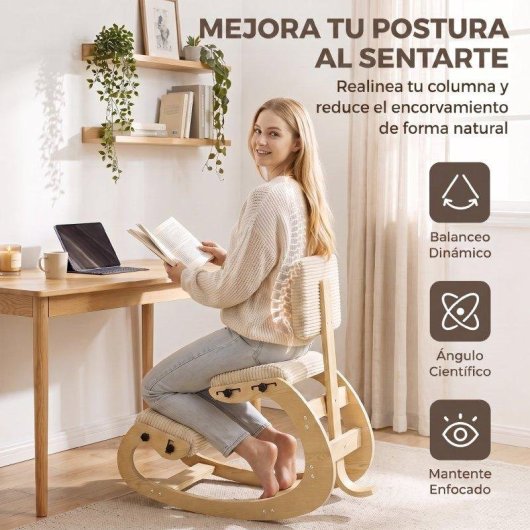 Silla ergonómica de rodillas Homcom pana crema madera abedul