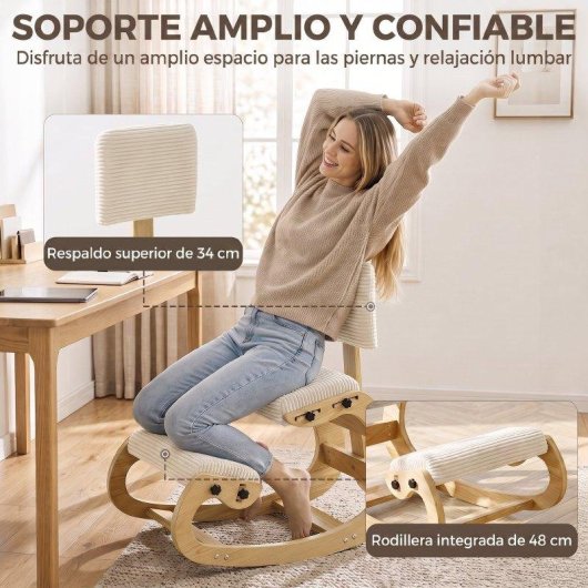 Silla ergonómica de rodillas Homcom pana crema madera abedul