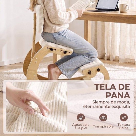 Silla ergonómica de rodillas Homcom pana crema madera abedul