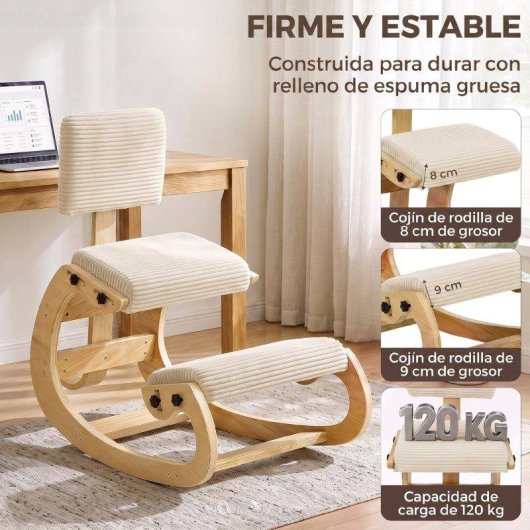 Silla ergonómica de rodillas Homcom pana crema madera abedul