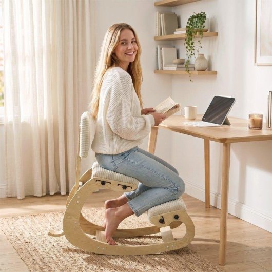 Silla ergonómica de rodillas Homcom pana crema madera abedul