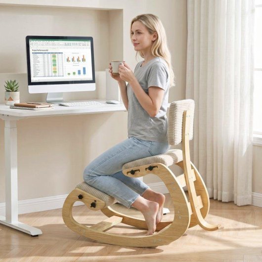Silla ergonómica de rodillas Homcom pana crema madera abedul