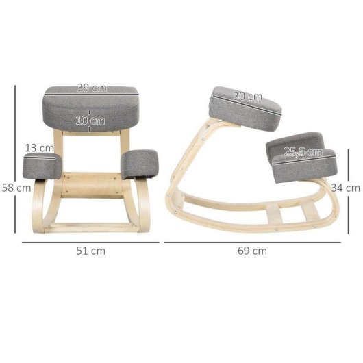 Silla ergonómica de rodillas Vinsetto con cojines acolchados y marco de madera gris