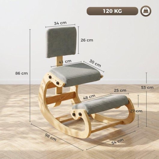 Cadeira Ergonómica de Joelhos HOMCOM Cinza com Encosto em Camurça