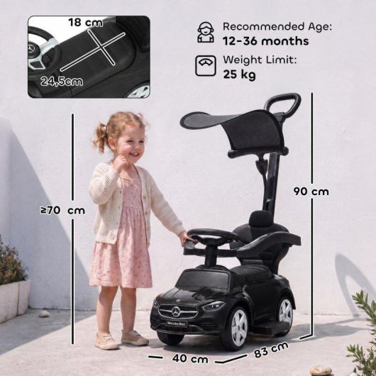Bébé Bicicleta com Empurrador Aiyaplay Mercedes-Benz 3-em-1 Capota Removível