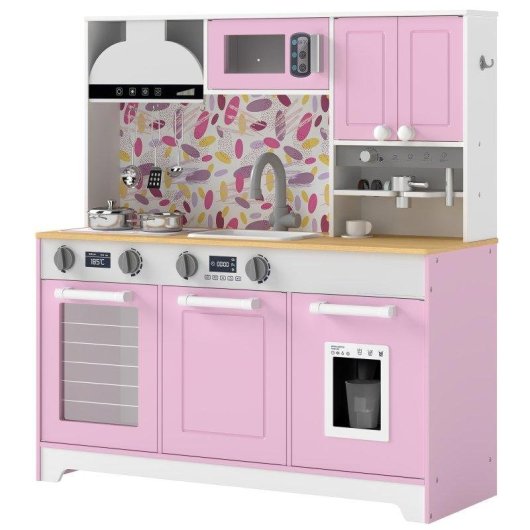 Cozinha de brinquedo em madeira Aiyaplay com máquina de gelo rosa