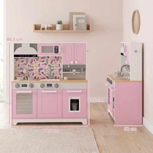 Cozinha de brinquedo em madeira Aiyaplay com máquina de gelo rosa