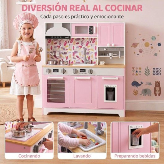 Cozinha de brinquedo em madeira Aiyaplay com máquina de gelo rosa