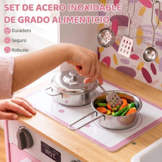 Cozinha de brinquedo em madeira Aiyaplay com máquina de gelo rosa
