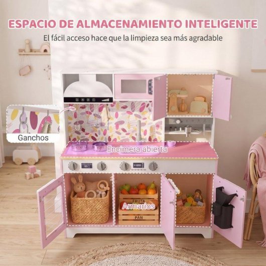 Cozinha de brinquedo em madeira Aiyaplay com máquina de gelo rosa