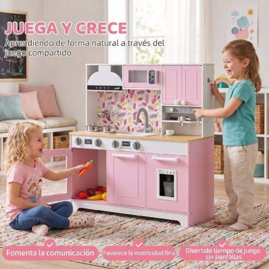 Cozinha de brinquedo em madeira Aiyaplay com máquina de gelo rosa