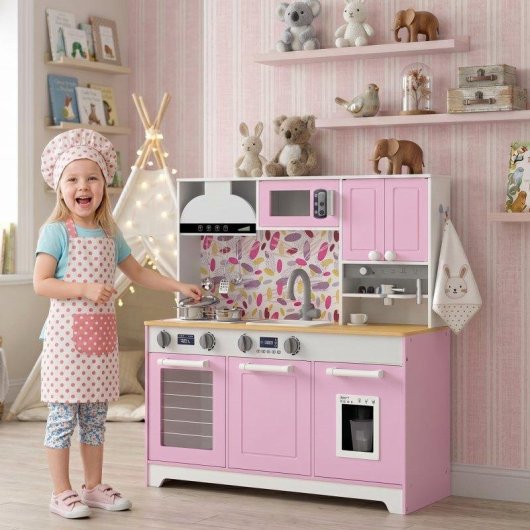 Cozinha de brinquedo em madeira Aiyaplay com máquina de gelo rosa