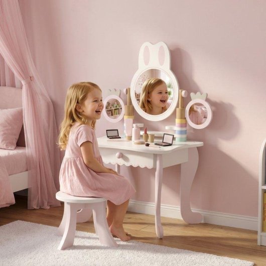 Tocador Infantil Aiyaplay con Taburete y Espejos Giratorios Rosa y Blanco Crema