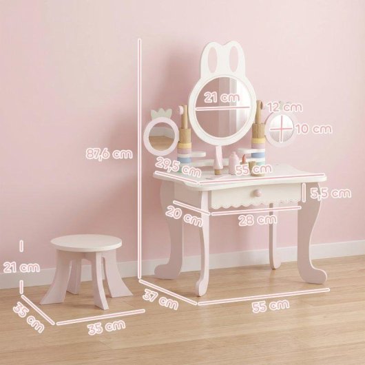 Tocador Infantil Aiyaplay con Taburete y Espejos Giratorios Rosa y Blanco Crema