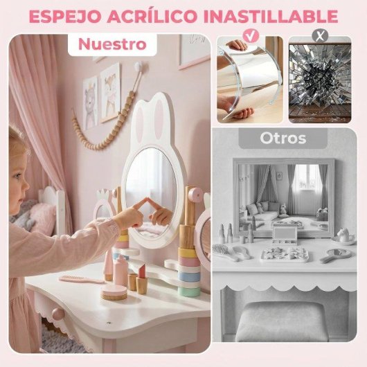 Tocador Infantil Aiyaplay con Taburete y Espejos Giratorios Rosa y Blanco Crema