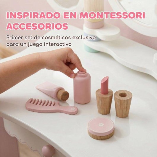 Tocador Infantil Aiyaplay con Taburete y Espejos Giratorios Rosa y Blanco Crema