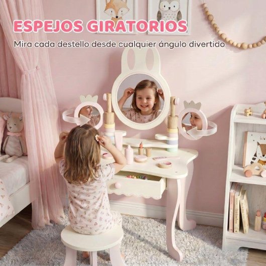Tocador Infantil Aiyaplay con Taburete y Espejos Giratorios Rosa y Blanco Crema