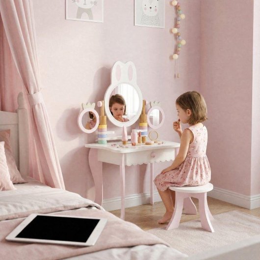 Tocador Infantil Aiyaplay con Taburete y Espejos Giratorios Rosa y Blanco Crema