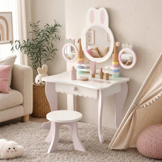 Tocador Infantil Aiyaplay con Taburete y Espejos Giratorios Rosa y Blanco Crema