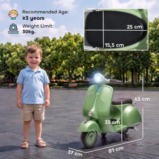 Moto eléctrica infantil Aiyaplay Vespa Licencia Oficial Ruedines Desmontables Verde