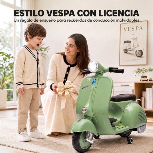 Moto eléctrica infantil Aiyaplay Vespa Licencia Oficial Ruedines Desmontables Verde