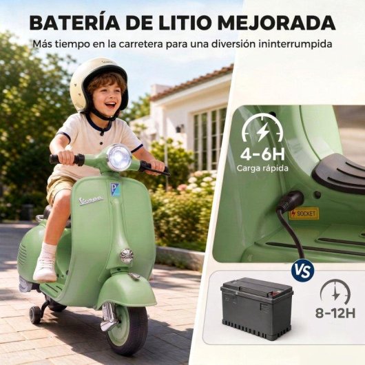 Moto eléctrica infantil Aiyaplay Vespa Licencia Oficial Ruedines Desmontables Verde