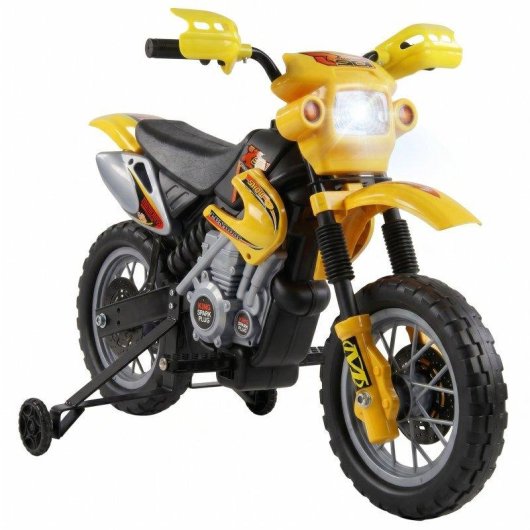 Moto eléctrica infantil Homcom amarilla con ruedas de apoyo desmontables