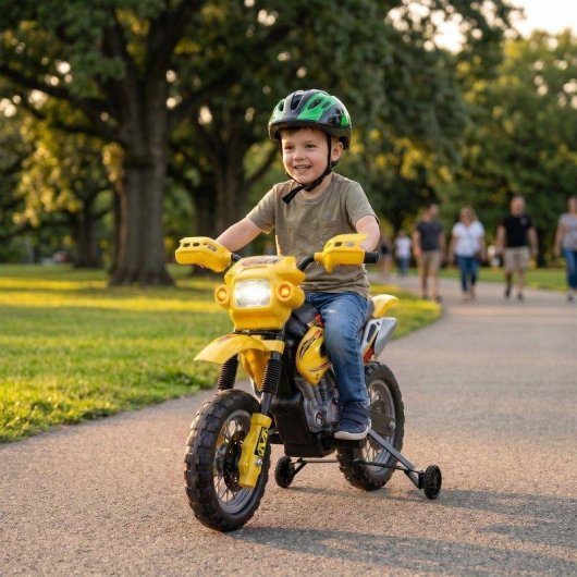 Moto eléctrica infantil Homcom amarilla con ruedas de apoyo desmontables