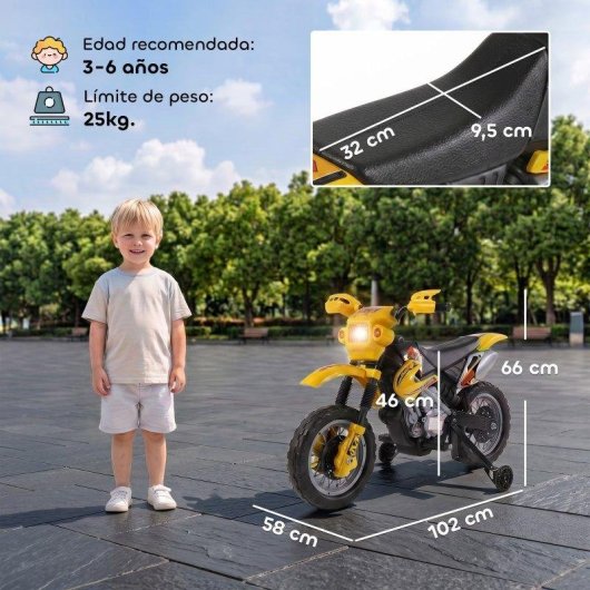 Moto eléctrica infantil Homcom amarilla con ruedas de apoyo desmontables