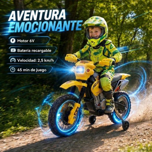 Moto eléctrica infantil Homcom amarilla con ruedas de apoyo desmontables