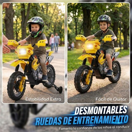 Moto eléctrica infantil Homcom amarilla con ruedas de apoyo desmontables