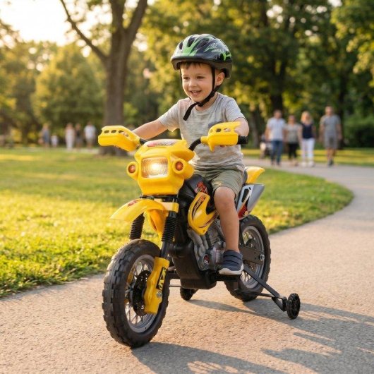 Moto eléctrica infantil Homcom amarilla con ruedas de apoyo desmontables