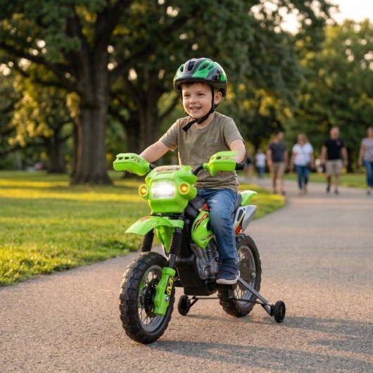 Moto Eléctrica Infantil Homcom Verde con Ruedas de Apoyo Desmontables