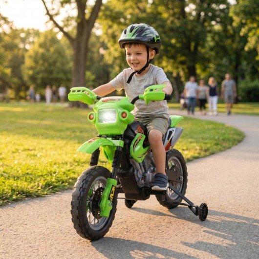 Moto Eléctrica Infantil Homcom Verde con Ruedas de Apoyo Desmontables
