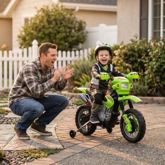 Moto Eléctrica Infantil Homcom Verde con Ruedas de Apoyo Desmontables