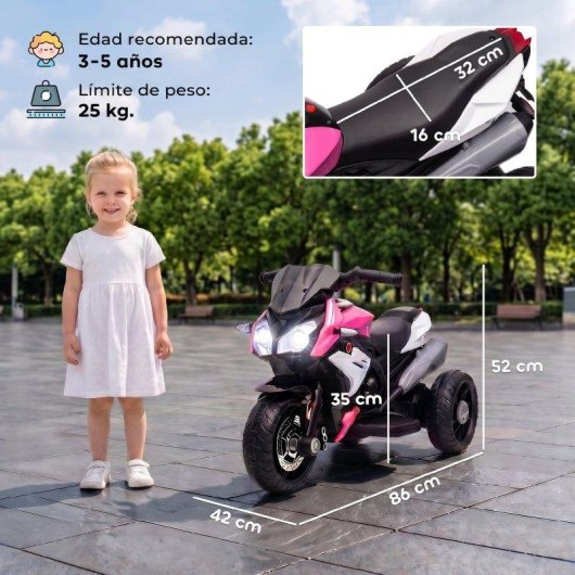 Moto eléctrica infantil Homcom 3 ruedas faros música bocina rosa