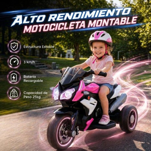 Moto eléctrica infantil Homcom 3 ruedas faros música bocina rosa