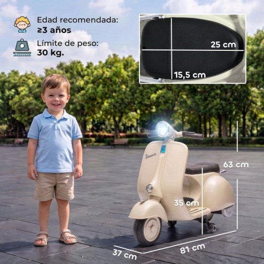 Motocicleta Elétrica Infantil AIYAPLAY Licença Vespa - Rodas de Apoio Removíveis Branca