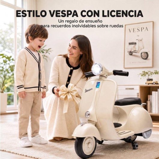 Motocicleta Elétrica Infantil AIYAPLAY Licença Vespa - Rodas de Apoio Removíveis Branca