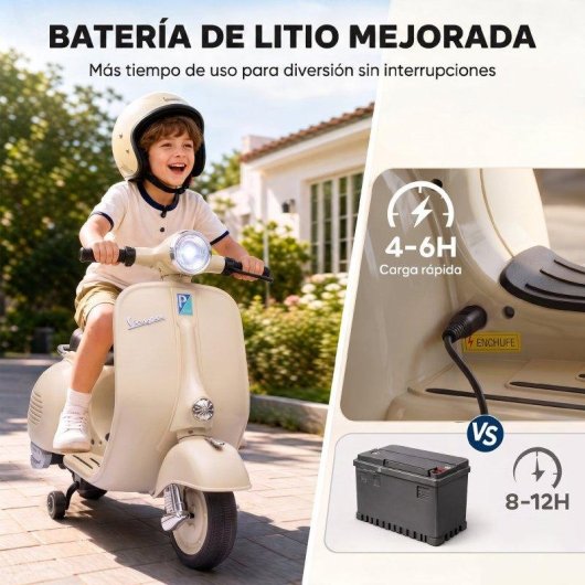 Motocicleta Elétrica Infantil AIYAPLAY Licença Vespa - Rodas de Apoio Removíveis Branca