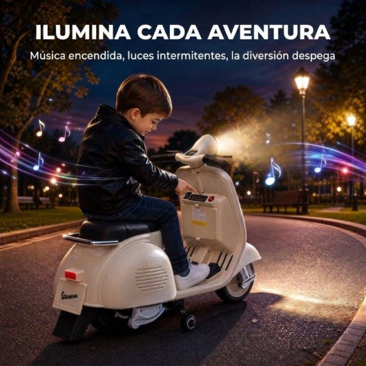 Motocicleta Elétrica Infantil AIYAPLAY Licença Vespa - Rodas de Apoio Removíveis Branca